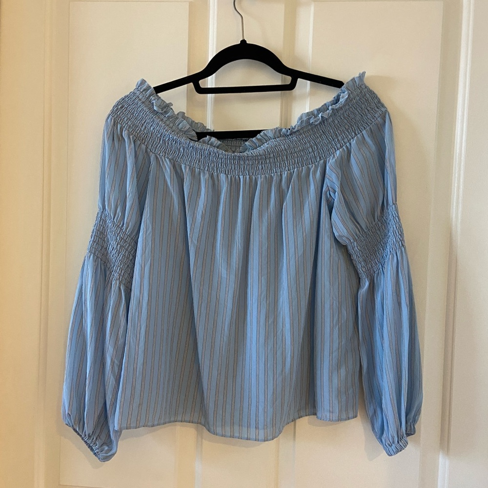L'Agence Women's Long Sleeve Off The Shoulder Blouse Blue Striped Size Small